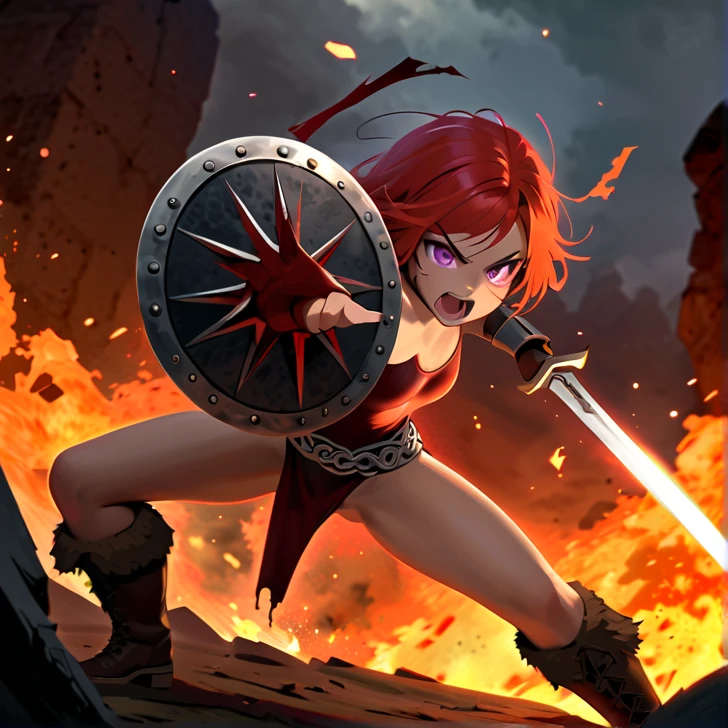 Masterpiece, hd, high resolution, high quality, best quality, super detailed. Solo character alone, multiple views. Fantasy art.
{{(A 14-years-old barbarian-girl:(appearance: messed short-medium-scarlet-red-hair. purple-eyes with black-pupils. slender-contexture. fair-skin. She's fighting bravely and violent against giant-fire-trolls. Beautiful-face. very-violent and angry-expression. Angry-open-mouth. eyes with furious-expression. she stands 1,56-cm-tall. combat pose. swinging her broadsword with left-hand doing fatal-blows. holding her rounded-shield with right-hand. Brave heroine. Heroic demeanor. Heroic personality. Face bleeding. Arms and legs bleeding. Sweating nervous.),(equipment: steel-magical-broadsword. Rounded-steel-shield.),(she wears: thick one-piece-purple-combat-leotard. silver metal-belt. long-leather-brown-boots. leather-brown-gloves. Her clothes are dirty with blood.),(scenery: Celtic training-grounds with ancient greek-objects and celtic-objects in a terrible battle. Barbarians fighting vs giant-fire-trolls.))}