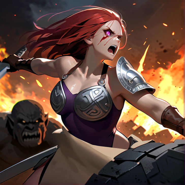 Masterpiece, hd, high resolution, high quality, best quality, super detailed. Solo character alone, multiple views. Fantasy art.
{{(A 14-years-old barbarian-girl:(appearance: messed short-medium-scarlet-red-hair. purple-eyes with black-pupils. slender-contexture. fair-skin. She's fighting bravely and violent against giant-fire-trolls. Beautiful-face. very-violent and angry-expression. Angry-open-mouth. eyes with furious-expression. she stands 1,56-cm-tall. combat pose. swinging her broadsword with left-hand doing fatal-blows. holding her rounded-shield with right-hand. Brave heroine. Heroic demeanor. Heroic personality. Face bleeding. Arms and legs bleeding. Sweating nervous.),(equipment: steel-magical-broadsword. Rounded-steel-shield.),(she wears: thick one-piece-purple-combat-leotard. silver metal-belt. long-leather-brown-boots. leather-brown-gloves. Her clothes are dirty with blood.),(scenery: Celtic training-grounds with ancient greek-objects and celtic-objects in a terrible battle. Barbarians fighting vs giant-fire-trolls.))}