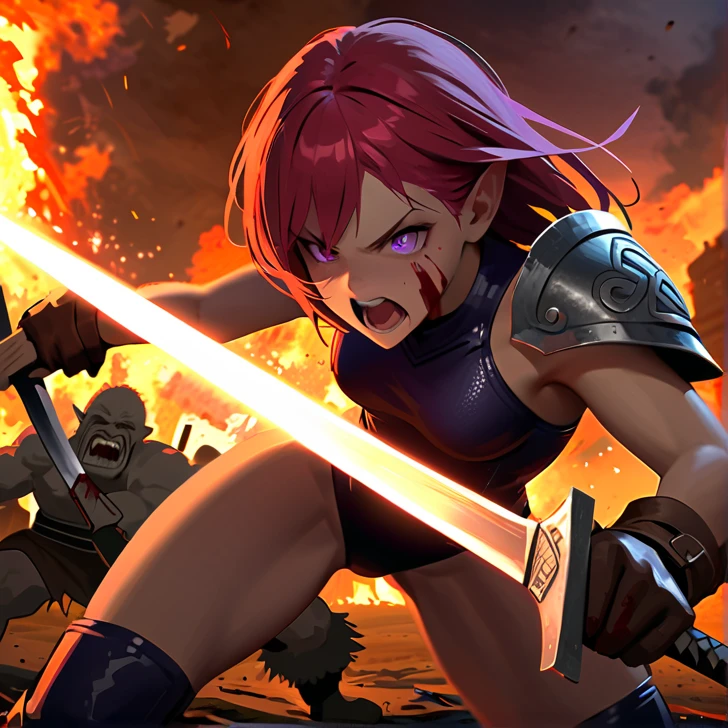 Masterpiece, hd, high resolution, high quality, best quality, super detailed. Solo character alone, multiple views. Fantasy art.
{{(A -yeld barian-girl:(appearance: messed short-medium-scarlet-red-hair. purple-eyes with black-pupils. slender-contexture. fair-skin. She's fighting bravely and violent against giant-fire-trolls. Beautiful-face. very-violent and angry-expression. Angry-open-mouth. eyes with furious-expression. she stands 1,56-cm-tall. combat pose. swinging her broadsword with left-hand doing fatal-blows. holding her rounded-shield with right-hand. Brave heroine. Heroic demeanor. Heroic personality. Face bleeding. Arms and legs bleeding. Sweating nervous.),(equipment: steel-magical-broadsword. Rounded-steel-shield.),(she wears: thick one-piece-purple-combat-leotard. silver metal-belt. long-leather-brown-boots. leather-brown-gloves. Her clothes are dirty with blood.),(scenery: Celtic training-grounds with ancient greek-objects and celtic-objects in a terrible battle. Barbarians fighting vs giant-fire-trolls.))}