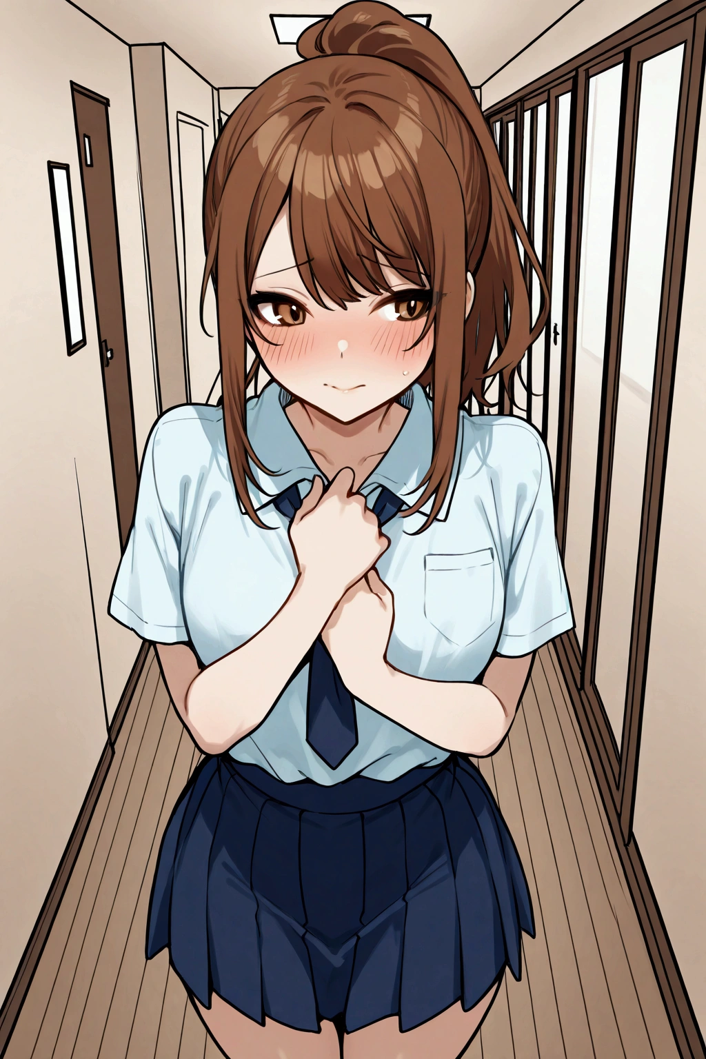 alone, girl, schoolgirl, bangs, locks on the sides of her face, long ponytail hair, brown eyes, white short-sleeved shirt, thin school tie, blue school skirt, blush, evasive look, shy, feminine, hand on her shy chest, apartment hallway, sunny, dynamic pose, feminine,,perfect scene , Masterpiece, score 9, anime colors, AMERICAN SHOT, beautiful, composition, HARMONY, high quality