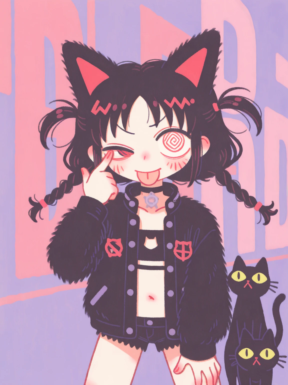 (solo:1.2),1girl\(cute, kawaii,(evil smile),akanbe, eyelid pull, tongue out, finger to eye, hand up, :p, index finger raised ,one eye closed, (black hair:1),(long hair),(twin tails hair),pale skin, red eyes,(detailed eyes:1.4),spiral eye, eyes shining, (big eyes),(breast:1.4),(punk fashion:1.6),(ripped clothes:1.3),(tight tube top),(tight hot pants),(stomach shown:0.8),(abs:0.8),(ripped black short jacket:1.4),(fluffy black cat-ear:1.6),(fluffy black cat-ear:1.6),(dynamic pose:1.4)\)),(bang:1.2)\). BREAK .background\(outside, noisy city, backstreet, narrow street, neon lights, at night\).(close up of face:1.5),(close up of face:1.5),pop art,vivid color, (graffiti art:0.5)