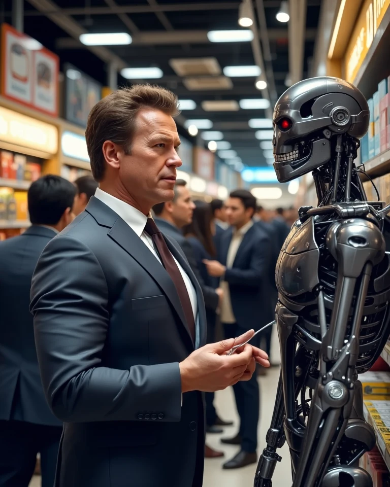 A middle aged Man, Looked alike Arnold Schwarzenegger, muscled athletic, body builer posture, donning a salaryman suite, waiting in line impassioned, he is trying to get the latest toy for his son, an action figire of The Terminator Model T-800. Highly detailed and intricate photorealistic CGI 3D render, wide angle, 24mm f/1.4, 15mm, 35mm, 4k, high resolution, 4k, 8k, high definition, full color, 4k, 8k, 4k, high definition