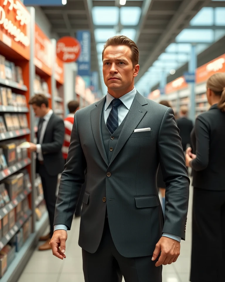 A middle aged Man, Looked alike Arnold Schwarzenegger, muscled athletic, body builer posture, donning a salaryman suite, waiting in line impassioned, he is trying to get the latest toy for his son, an action figire of The Terminator Model T-800. Highly detailed and intricate photorealistic CGI 3D render, wide angle, 24mm f/1.4, 15mm, 35mm, 4k, high resolution, 4k, 8k, high definition, full color, 4k, 8k, 4k, high definition