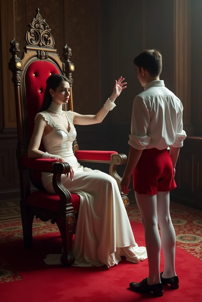 (masterpiece, best quality, 4k, dreamlike, hyperrealistic:1.35), (2 androgynous males, human chess, checkmate, white king is about to be castrated, beautiful eyes, crown, male ballet tights, male crotch bulge, buttocks:1.35)