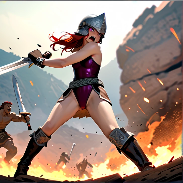 Masterpiece, hd, high resolution, high quality, best quality, super detailed. Solo character alone, multiple views. Fantasy art.
{{(A 14-years-old barbarian-girl:(appearance: messed short-medium-scarlet-red-hair. purple-eyes with black-pupils. slender-contexture. fair-skin. She's fighting bravely and violent against giant-fire-trolls. Beautiful-face. very-violent and angry-expression. Angry-open-mouth. eyes with furious-expression. she stands 1,56-cm-tall. combat pose. swinging her broadsword with left-hand doing fatal-blows. holding her rounded-shield with right-hand. Brave heroine. Heroic demeanor. Heroic personality. Face bleeding. Arms and legs bleeding. Sweating nervous.),(equipment: steel-magical-broadsword. Rounded-steel-shield.),(she wears: thick one-piece-purple-combat-leotard. Steel-silver-celtic-helmet-armor over her head. silver metal-belt. long-leather-brown-boots. leather-brown-gloves. Her clothes are dirty with blood.),(scenery: Celtic training-grounds with ancient greek-objects and celtic-objects in a terrible battle. Barbarians fighting vs giant-fire-trolls.))}