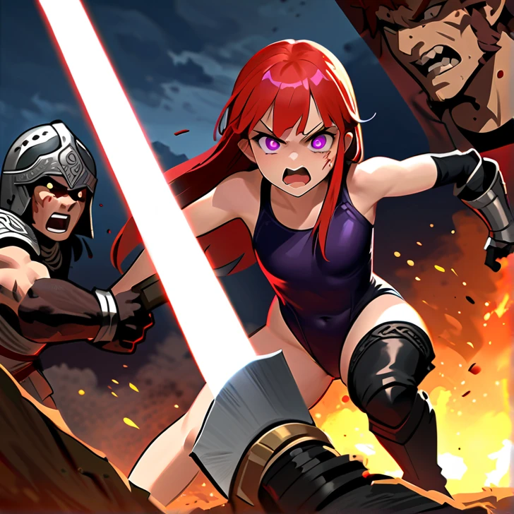 Masterpiece, hd, high resolution, high quality, best quality, super detailed. Solo character alone, multiple views. Fantasy art.
{{(A 14-years-old barbarian-girl:(appearance: messed short-medium-scarlet-red-hair. purple-eyes with black-pupils. slender-contexture. fair-skin. She's fighting bravely and violent against giant-fire-trolls. Beautiful-face. very-violent and angry-expression. Angry-open-mouth. eyes with furious-expression. she stands 1,56-cm-tall. combat pose. swinging her broadsword with left-hand doing fatal-blows. holding her rounded-shield with right-hand. Brave heroine. Heroic demeanor. Heroic personality. Face bleeding. Arms and legs bleeding. Sweating nervous.),(equipment: steel-magical-broadsword. Rounded-steel-shield.),(she wears: thick one-piece-purple-combat-leotard. Steel-silver-celtic-helmet-armor over her head. silver metal-belt. long-leather-brown-boots. leather-brown-gloves. Her clothes are dirty with blood.),(scenery: Celtic training-grounds with ancient greek-objects and celtic-objects in a terrible battle. Barbarians fighting vs giant-fire-trolls.))}