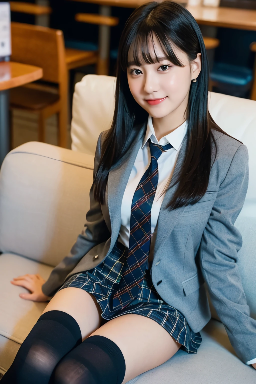 (8K), (highest quality: 1.2), (realistic), (realistic: 1.37), ultra high resolution, 1 girl, cute, smile, closed mouth, beautiful details, beautiful nose, wet hair, giant dulcefo, pork, thighs,Self snap,University Student Uniform,Sitting on a Tokyo train,simple blazer,pleated skirt,(The pattern of the skirt and tie is a tartan check pattern..:1.3),cross your legs, From above,thighs