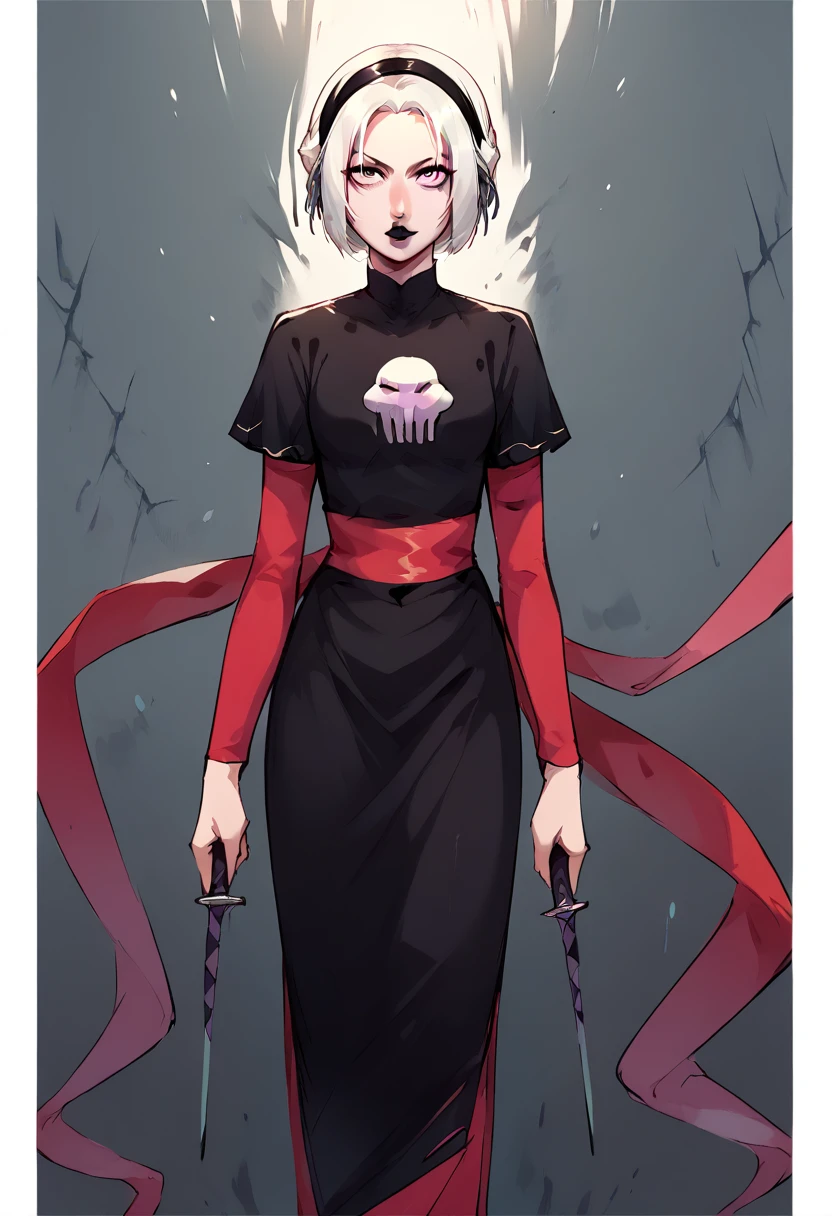 core_9, score_8_up, score_7_up, score_6_up, score_5_up, score_4_up,  1girl, white hair, black hairband, black lips, purple eyes, shirt print, rosedress, shirt print, Edelgard, short hair, dress, black dress, sash, makeup, bob cut, knife, lipstick, skull, BREAK source_anime