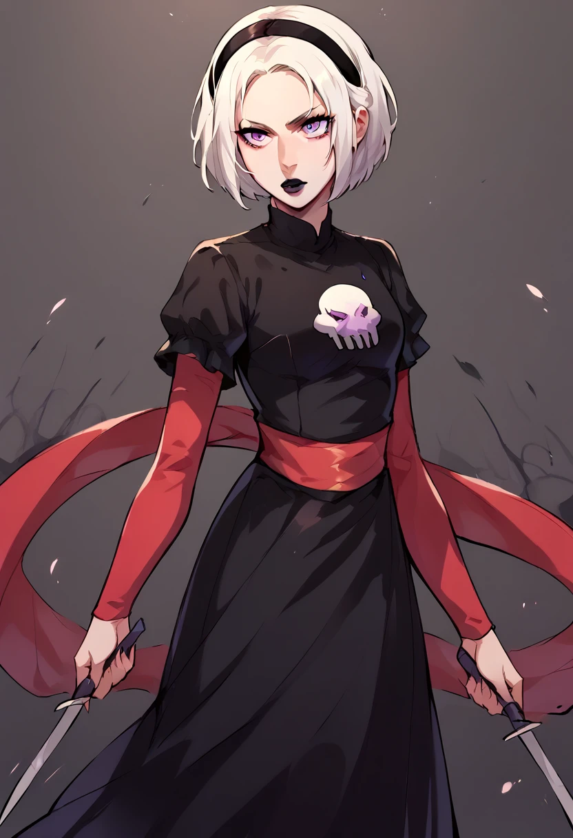 core_9, score_8_up, score_7_up, score_6_up, score_5_up, score_4_up,  1girl, white hair, black hairband, black lips, purple eyes, shirt print, rosedress, shirt print, Edelgard, short hair, dress, black dress, sash, makeup, bob cut, knife, lipstick, skull, BREAK source_anime