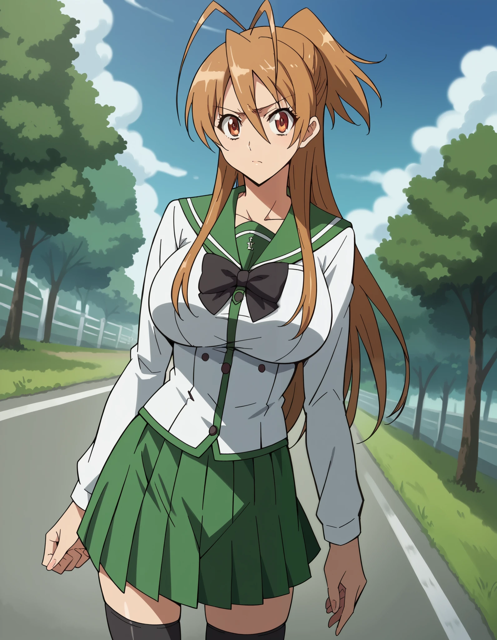 score_9, score_8_up, score_7_up, source_anime, reimiyamoto, rei miyamoto, long hair, brown hair, brown eyes, antenna hair, ponytail, skirt, school uniform, serafuku, zettai ryouiki, green skirt, bowtie, long sleeves, black thighhighs, black bowtie, outsides, road besides gas station, trees, rural, country side, looking at viewer, cowboy shot, dutch angle, ultra huge breasts, 