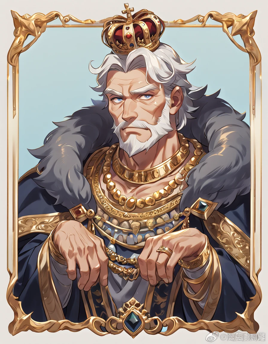 human, male, Face: strong jawline, wrinkles, beard with gray patches, Eyes: wrinkled, bags, blue, Body: strong and firm, aging skin and loss of elasticity, Hair: short, black, starting to turn gray, Outfit: royal clothes, crown encrusted with stones, made of gold, jewelry such as necklaces and rings