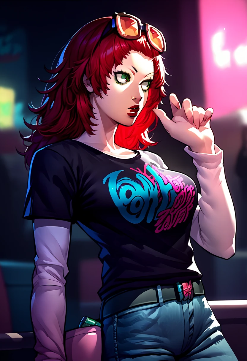 1 girl, sunglasses on head, lipstick, black t-shirt, clothes writing, layered sleeves, large breasts, jeans, Jean Grey, red hair, green eyes