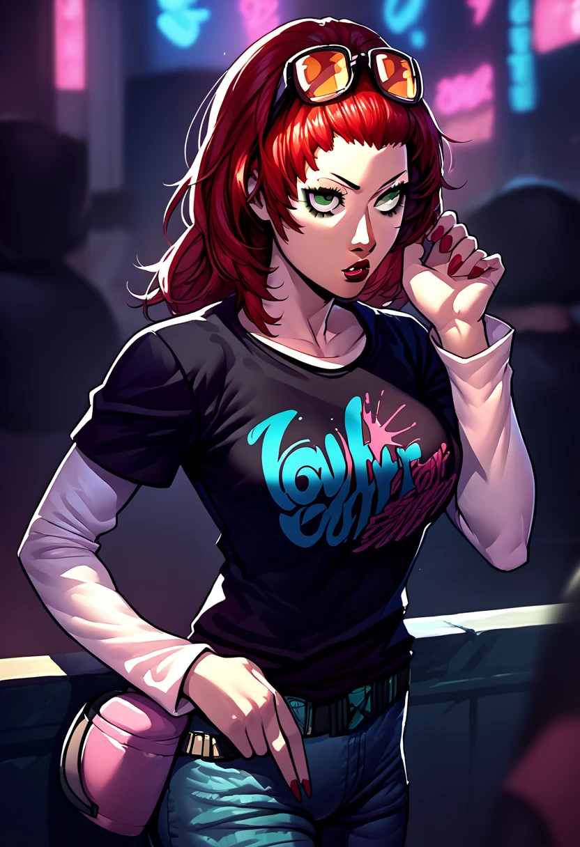 1 girl, sunglasses on head, lipstick, black t-shirt, clothes writing, layered sleeves, large breasts, jeans, Jean Grey, red hair, green eyes