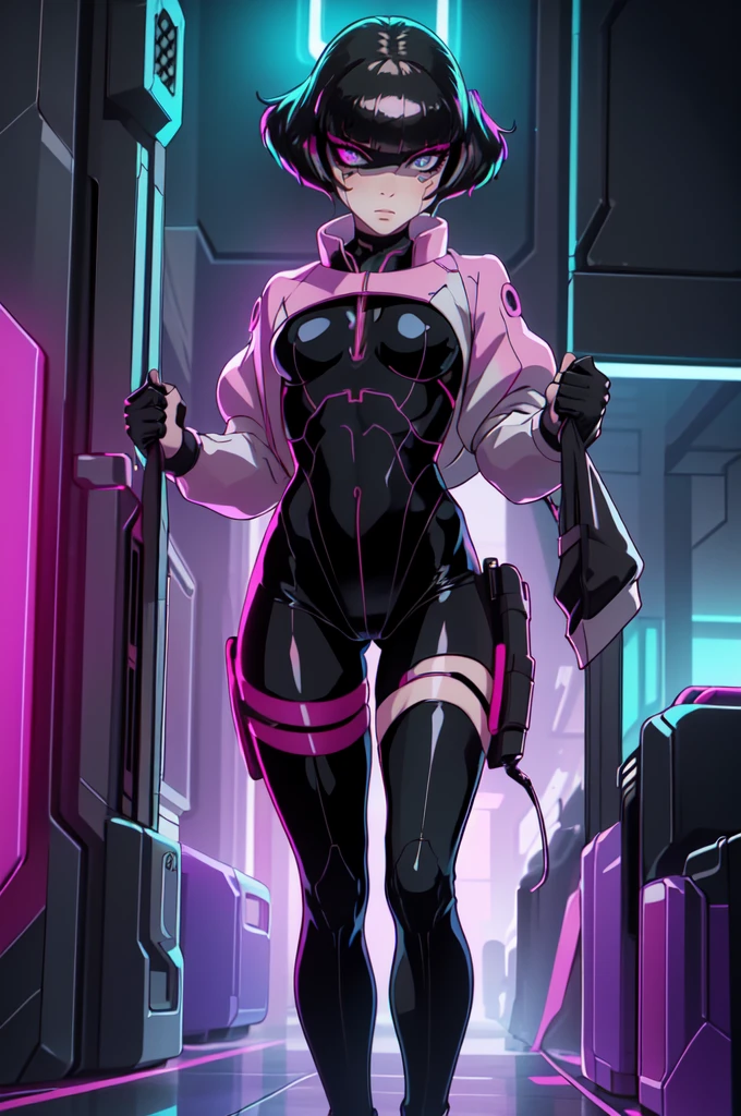 Create an illustration of Sasha from Cyberpunk: Edgerunners. She is a young netrunner with a slender and agile physique, reflecting her hacker lifestyle. Her hair is short, (black hair), messy, and brightly colored, often with neon highlights like electric blue or vibrant pink. Her (blue eyes) have a sharp, tech-enhanced glow, hinting at cybernetic implants. Sasha wears a sleek, tactical bodysuit designed for mobility and stealth, primarily in shades of black and dark gray, accented with neon lines that pulse softly with her netrunning activity. She also sports a high-tech visor or goggles over her eyes, loaded with digital HUD displays. Her gloves are fingerless, exposing cybernetic fingertips perfect for interfacing with technology. Completing her look are combat boots and a utility belt filled with small hacking tools and gadgets. The overall vibe is a mix of futuristic hacker aesthetic and street-smart edge, blending style and functionality. walking on the floor, with pink shoes, dinamic poses, 