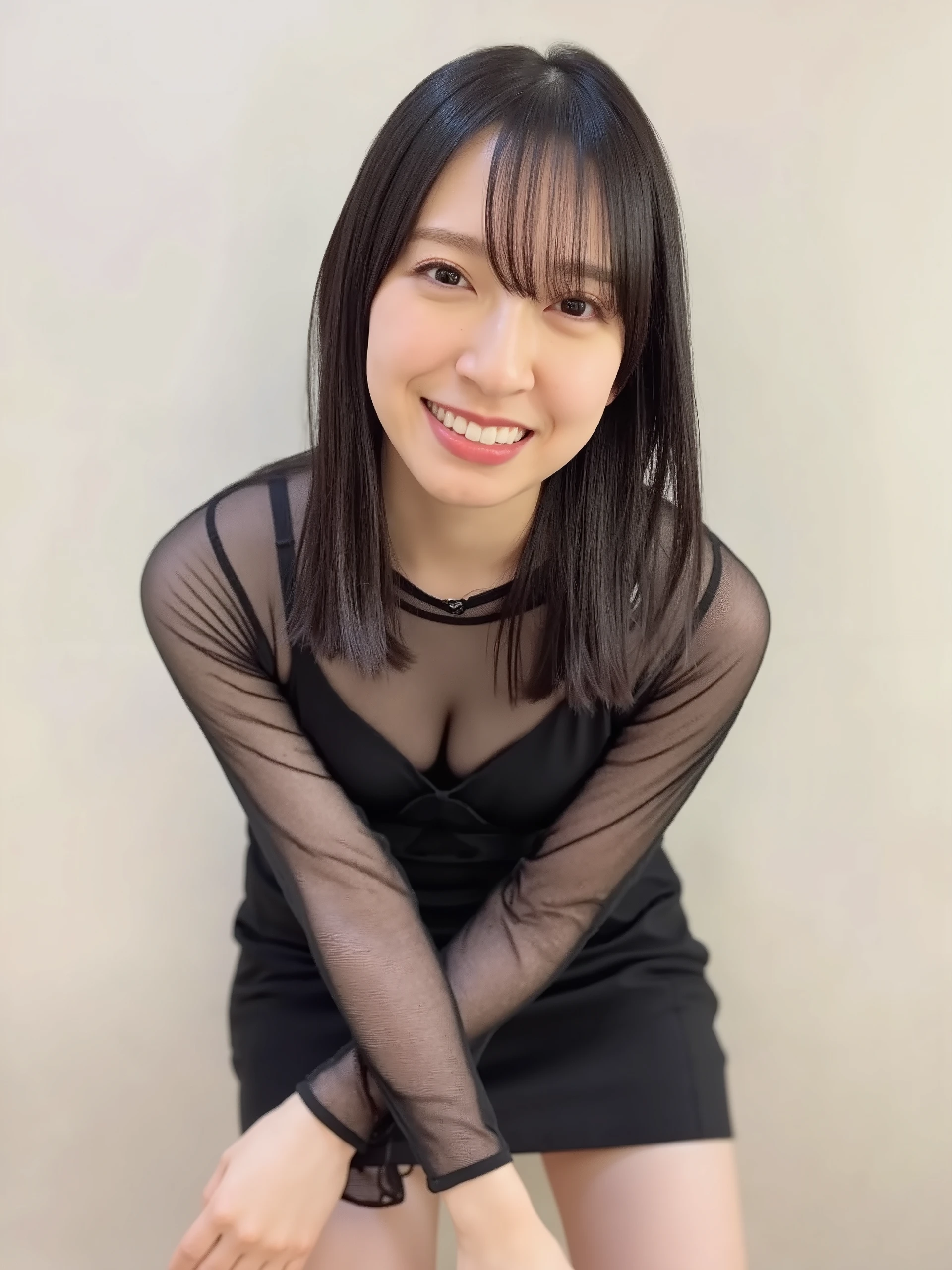 ((( High resolution,top quality, super detailed, Masterpiece , very detailed,realistic,real person,Ultra detailed skin))) ,simple background, from front, medium shot, looking at viewer , smile, (standing), black hair, medium hair, medium breasts, cleavage, (see-through blouse, bra visible through clothes), skirt