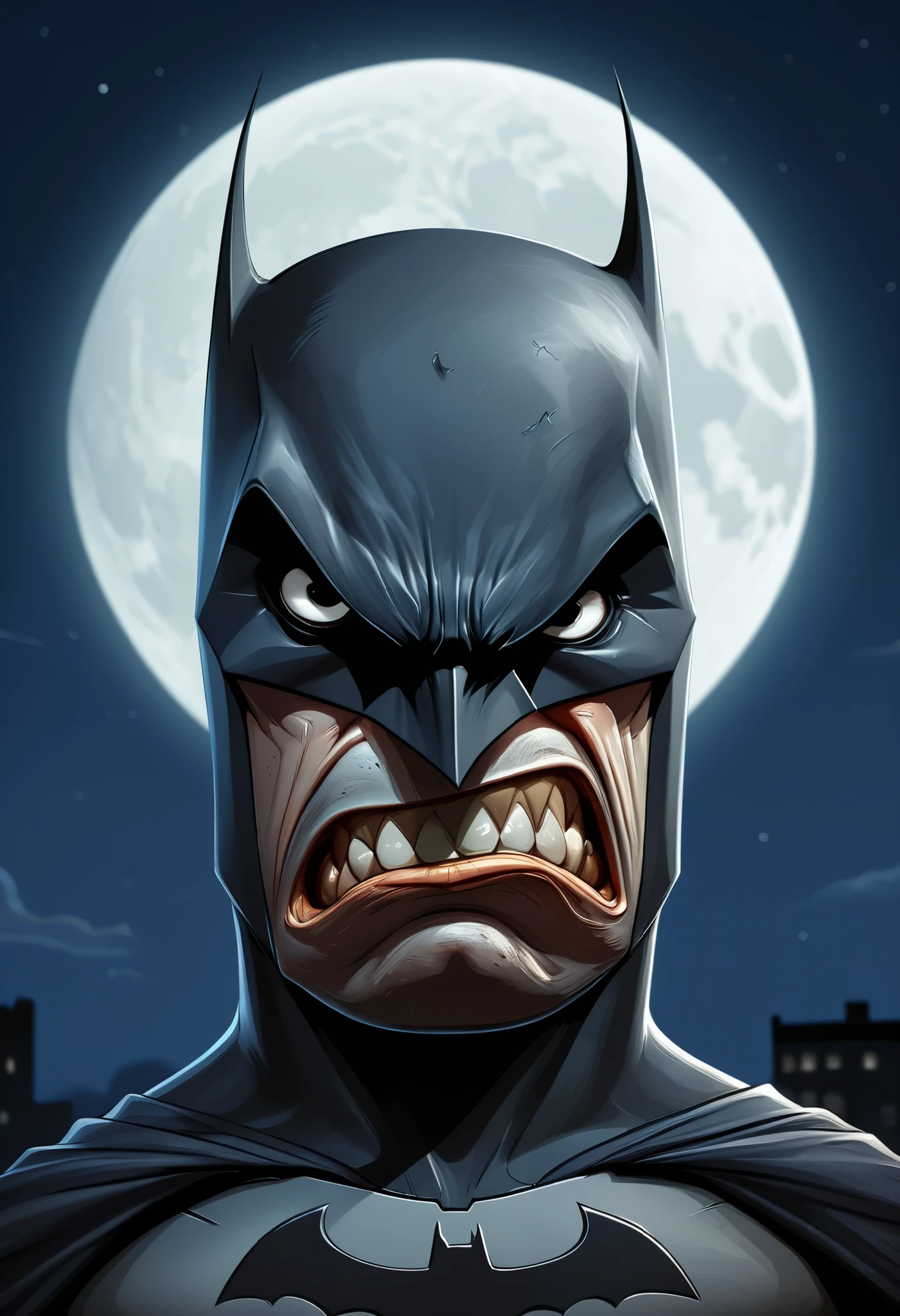 a cartoon caricature of Batman with angry face under the moonlight, portrait, exaggerated features with a large nose and big eyes