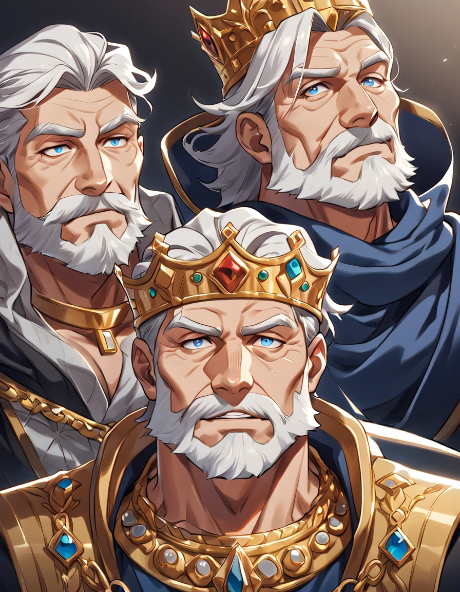 human, male, Face: strong jawline, wrinkles, beard with gray patches, Eyes: wrinkled, bags, blue, Body: strong and firm, aging skin and loss of elasticity, Hair: short, black, starting to turn gray, Outfit: royal clothes, crown encrusted with stones, made of gold, jewelry such as necklaces and rings