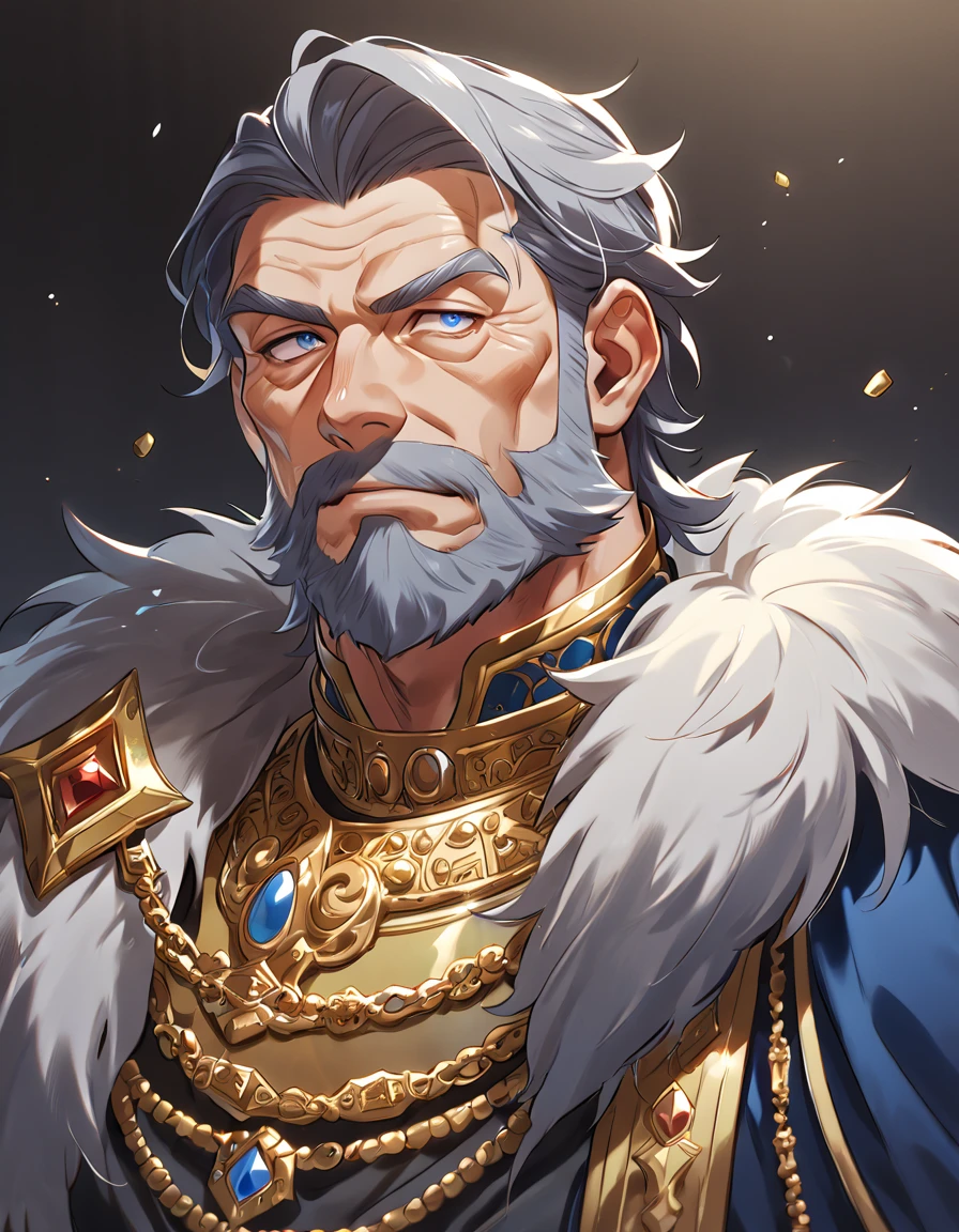 human, male, Face: strong jawline, wrinkles, beard with gray patches, Eyes: wrinkled, bags, blue, Hair: short, black, starting to turn gray, Outfit: royal clothes, crown encrusted with stones, made of gold, jewelry such as necklaces and rings