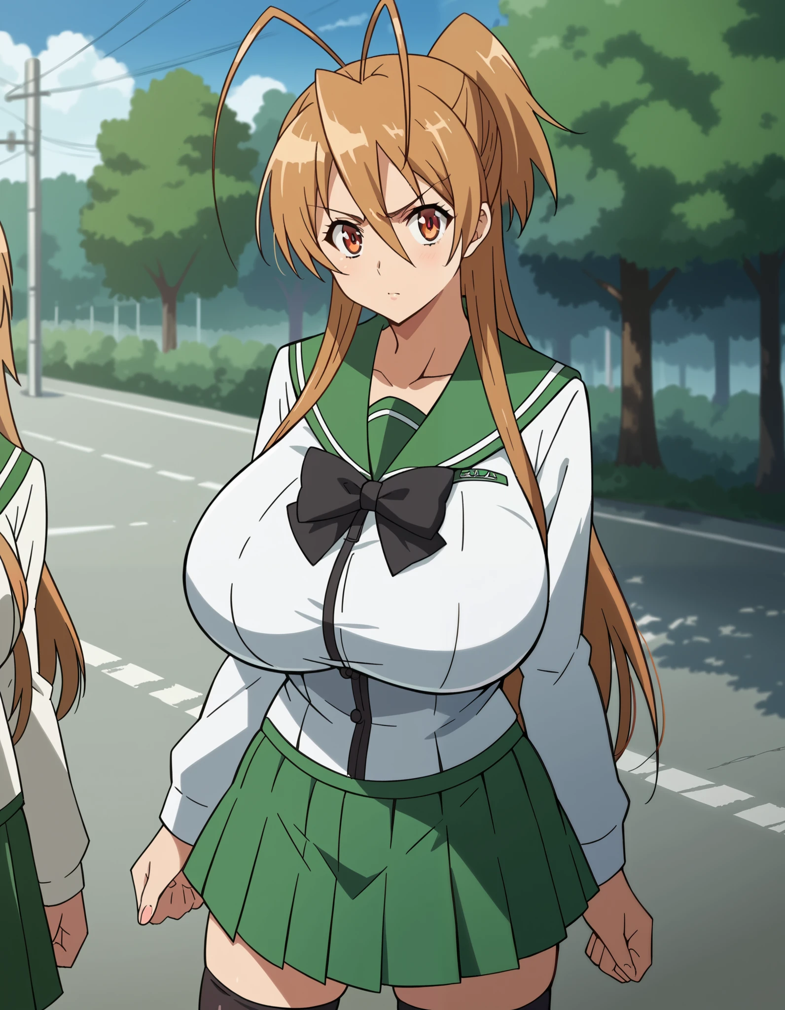 score_9, score_8_up, score_7_up, source_anime, reimiyamoto, rei miyamoto, long hair, brown hair, brown eyes, antenna hair, ponytail, skirt, school uniform, serafuku, zettai ryouiki, green skirt, bowtie, long sleeves, black thighhighs, black bowtie, outsides, gas station besides road, trees, rural, country side, looking at viewer, cowboy shot, dutch angle, (ultra huge breasts, ultra huge tits, ultra huge boobs, ultra huge cleavages), 