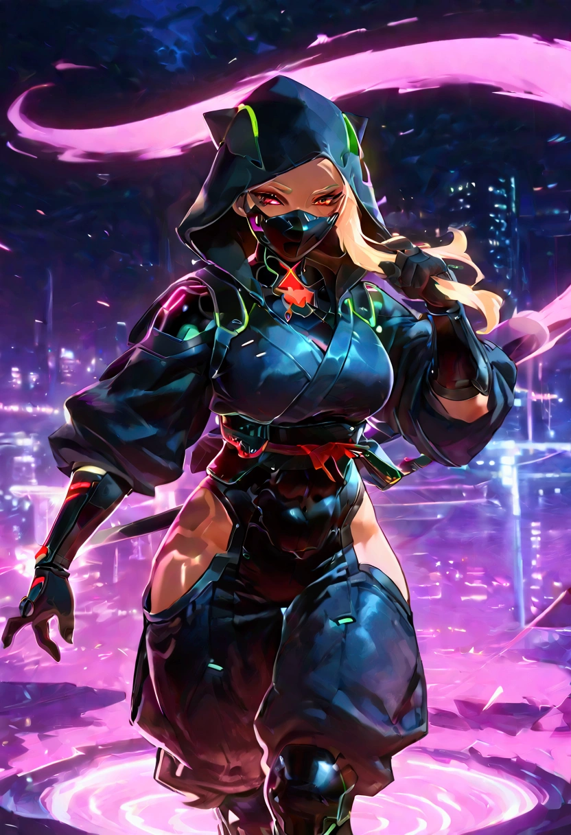 Female cyberpunk ninja, cobra hood, wearing ninja clothes, cyberpunk, sexy, well-toned abs, summoning a tsunami using jutsu, tsunami wave in the background