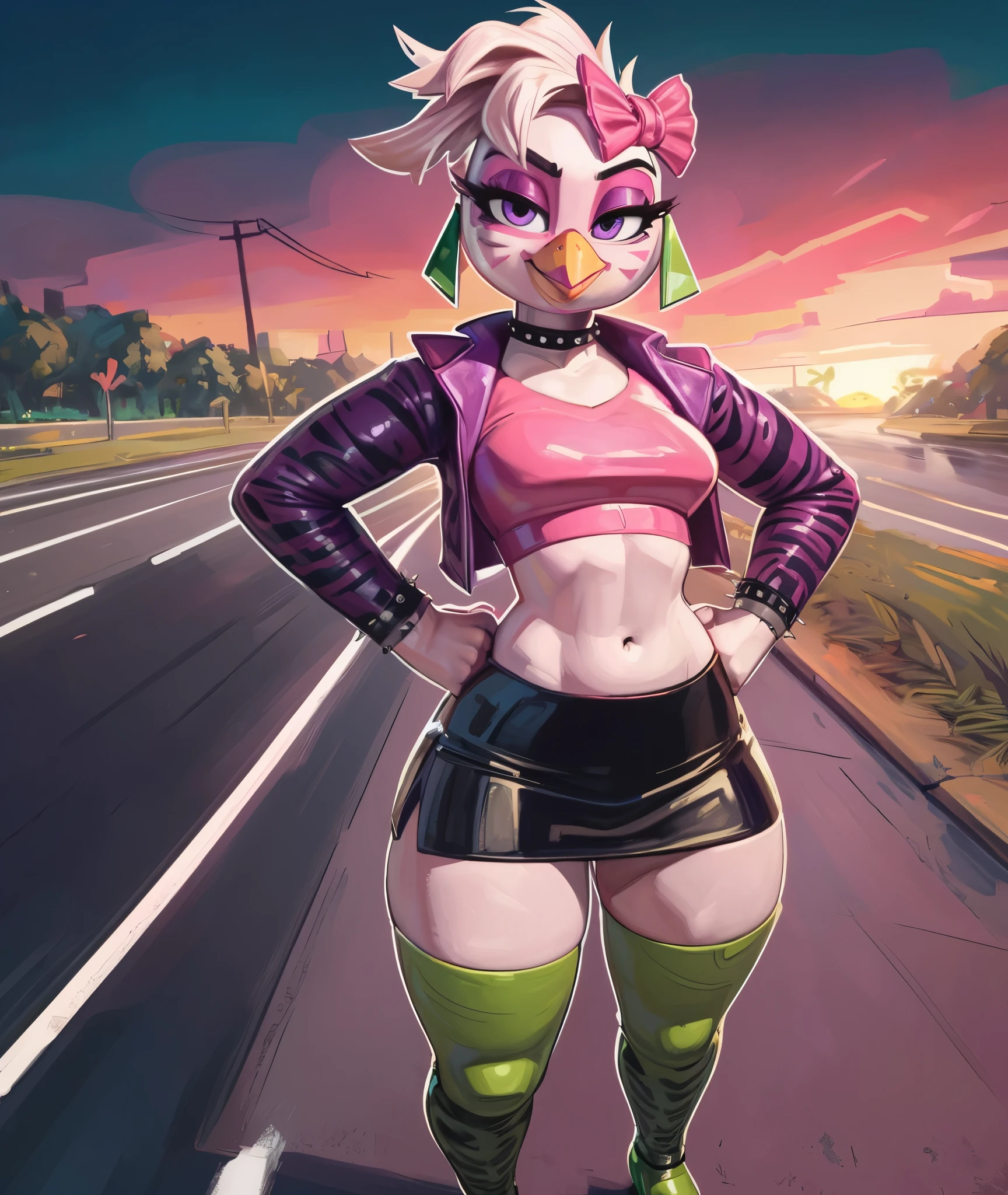 ((glamrock chica)), ((FNAF: fury's rage)), ((pixelsketcher)), ((wamudraws)), ((thefuckingdevil)), ((masterpiece)), ((high resolution)), ((cartoon style)), ((solo portrait)), {(attractive figure), (thick thighs), (white feathers), (yellow beak), (messy hair), (pink highlights in hair), (bang), (cute purple eyes), (black pupils), (half lidded eyes), (long eyelashes), (pink lipstick), (pink eyeshadow), (smug smirk)}, {(hot pink tube top), (purple jacket), (navel), (black pencil skirt), (green kneehigh high heel boots), (pink bow in hair), (green triangle earrings)}, {(standing), (hands on hips), (looking at viewer)}, ((road)), ((sunset))