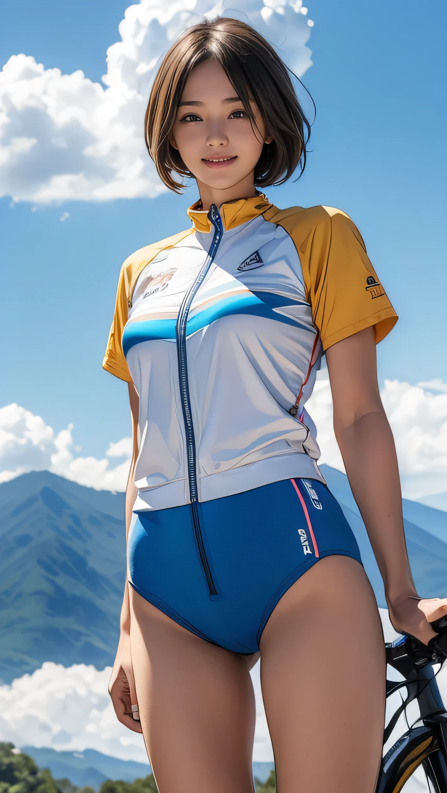  (girl, , Same height :1.2) , (Large Breasts:1.2, not good:1.2), masterpiece，Mountain Bike，Cycling enthusiasts，beautiful girl，business attire，Blue sky and white clouds，8K,  日本のgirl , Very short hair , Camel toe, (High color saturation:1.0),  (The skin is very delicate), (best quality:1.0), (Ultra-high resolution:1.0) ,(Practical:1.0), (Very detailed:1.0), (8K, RAW photos:1.1)