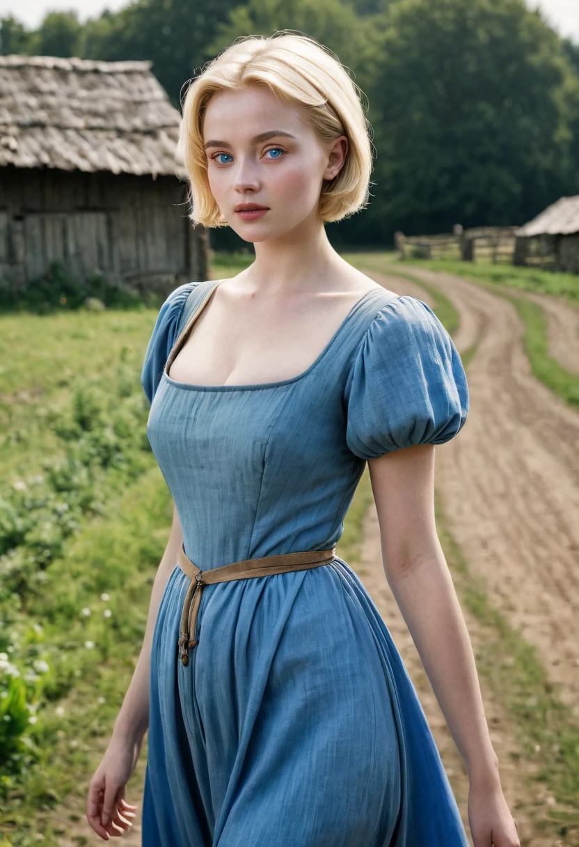 a youthful 20 year old woman,simple medieval clothing,old farm,90s,blonde,short hair,extremely pale and fair skin,blue eyes,wide bust,dress,walking