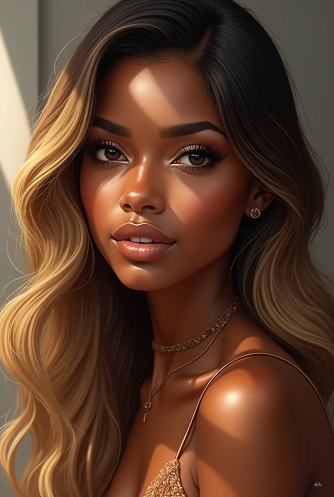 into the image, we see a woman of Vietnamese and American descent, with tanned skin, typical vietnamese. Her face is round and delicate, with a small, slightly rounded nose, that famous one "potato nose" that brings a sweetness to your look. His eyes are pulled, almond-shaped, which reflects its Asian roots. She has a serious look, almost thoughtful, which matches the casual pose he is in.

Her hair is long, smooth ass, but with soft waves, não é aquele smooth ass chapado. It's blond, but clearly dyed, with the darker roots contrasting with the warm blonde that dominates the rest of the strands. Waves in hair give a natural movement, which further enhances the contrast between the roots and lighter ends.

She is wearing a jacket, that you asked to replace with the blouse that was in the previous image. The jacket adds a stylish yet casual touch to her look., matching the stripped-down setting of the original image. The pose and framing of the image follow the same pattern as the drawing you submitted., with her slightly leaning forward, looking directly at the camera, with a strong and expressive countenance.