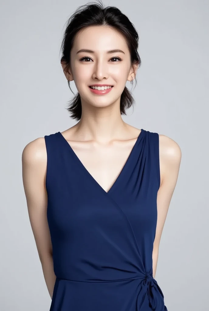 ((( High resolution,top quality, super detailed, Masterpiece , very detailed,realistic,real person,Ultra detailed skin))) ,simple background, from front, medium shot, looking at viewer , smile, (standing), arms behind back, black hair, medium hair, medium breasts, cleavage, (The dress with a large open chest area, blue dress)