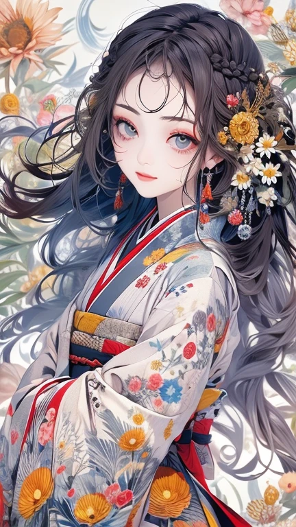  long silvery hair ,  hair is sharp like a needle , with hair partially standing on end, eyes are large and slender ,Eyes are golden,The pupils are long and thin ,  white skin like snow  , smiling mouth,All teeth are sharp  ,  gorgeous black Japanese kimono ,Chrysanthemum pattern , yellow chrysanthemum flowers , red chrysanthemum flowers ,White Chrysanthemum,The background is a giant, boned snake,Inside the temple,