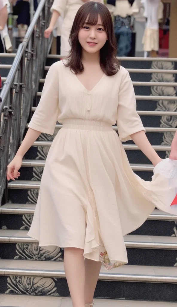 Wearing a dress, I'm going down the stairs one step at a time while commuting、 The woman has big breasts and a glamorous body 、The target woman is photographed from below 