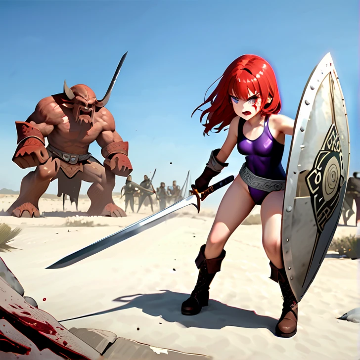 Masterpiece, hd, high resolution, high quality, best quality, super detailed. Solo character alone, multiple views. Fantasy art.
{{(A 20-years-old barbarian-girl:(appearance: messed-medium-length-scarlet-red-hair. purple-eyes with black-pupils. Beautiful-contexture. fair-skin. Confident pose. Beautiful-face. very-violent furious-expression. Angry-open-mouth. eyes with furious-expression. she stands 1,70-cm-tall. Fighting aggressively. swinging her broadsword with left-hand doing fatal-blows. holding her rounded-shield with right-hand. Heroic demeanor. Heroic personality. Brave heroine. Face bleeding. Arms and legs bleeding.),(equipment: steel-magical-broadsword. Rounded-steel-shield.),(she wears: thick one-piece-purple-combat-leotard. Steel-celtic-silver-helmet-armor over her head. silver metal-belt. long-leather-brown-boots. leather-brown-gloves. Her clothes are dirty in blood.),(scenery: Celtic training-grounds with ancient greek-objects and celtic-objects in horrible battle. Battlefield between barbarias vs giant-demons.))}