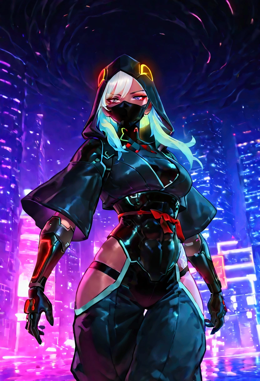 Female cyberpunk ninja, cobra hood, wearing ninja clothes, cyberpunk, sexy, well-toned abs, tsunami in the background