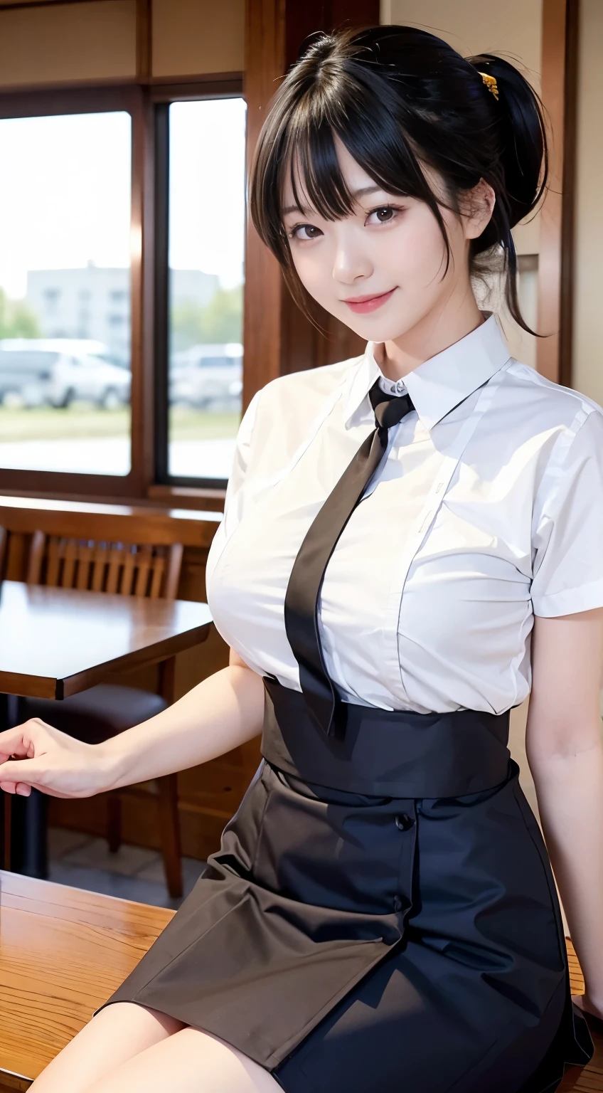 (Highest quality,masterpiece:1.3,Ultra-high resolution,),(Very detailed,Caustics),(Realistic:1.4,RAW shooting,)Ultra-Realistic Capture,Very detailed,High resolution 16k human skin closeup。 Natural skin texture、,pores、、、、It must be detailed enough to be easily identifiable。 Skin tone is even and healthy looking。 Use natural light and color,restaurant,Waitress Uniform,1 girl,Japanese,18-year-old,cute,Black-haired,ponytail,Big Breasts,smile,Turn your body forward,(Front view:1.1),Looking into the camera,Cowboy Shot,