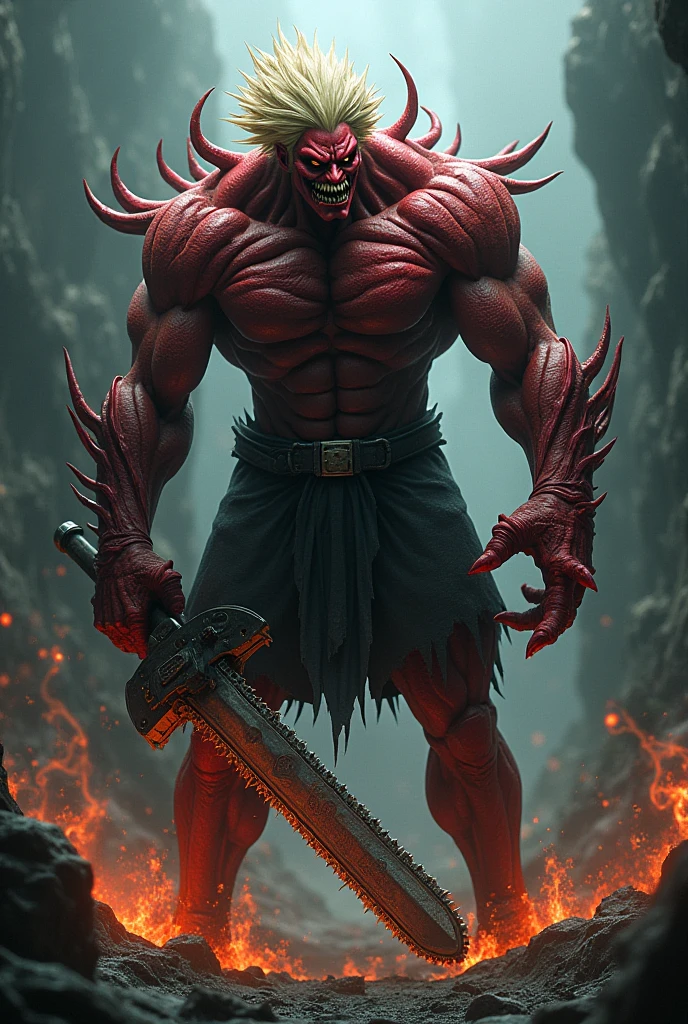 A red guy , with horns , smiling has an axe in each hand