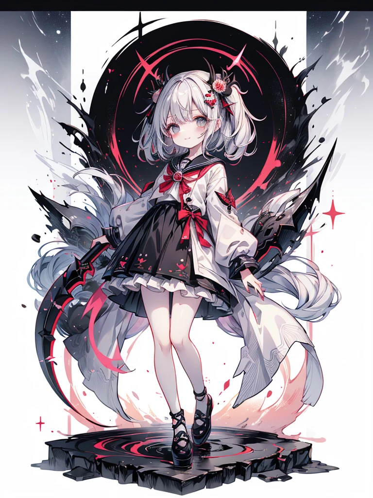 1gir\(Chibi、 cute、 cute死神、 milky white to rose gradation hair color、Hairstyle with bangs raised up 、 big eyes、 white skin、 best smile 、White eyelashes、 full body、 black sailor suit 、（Holding a scythe：1.3）、)