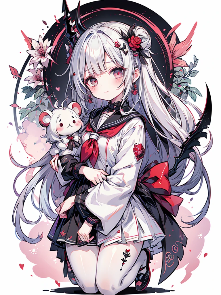 1gir\(Chibi、 cute、 cute死神、 milky white to rose gradation hair color、Hairstyle with bangs raised up 、 big eyes、 white skin、 best smile 、White eyelashes、 full body、 black sailor suit 、（Holding a scythe：1.3）、)