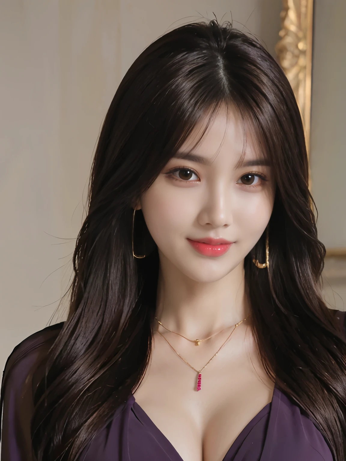 (((Brown Long Hair))), (Louvre Museum), Pose Seductive, (A hyper-realistic), (Illustration), (Increased resolution), (8KUHD), (Extremely detailed), (Best Illustration), (Beautiful and detailed eyes), (Best Quality), (ultra-detailliert), (masutepiece ), ( Wallpaper), (Detailed face), Solo, 1人の女性, Fine details, Detailed face, Deep Shadows, lowkey, pureerosfaceace_v1, Smiling, 46 point slanted bangs、dark purple see-through blouse、cleavage of the breast、Big necklace、large earring、Laughing