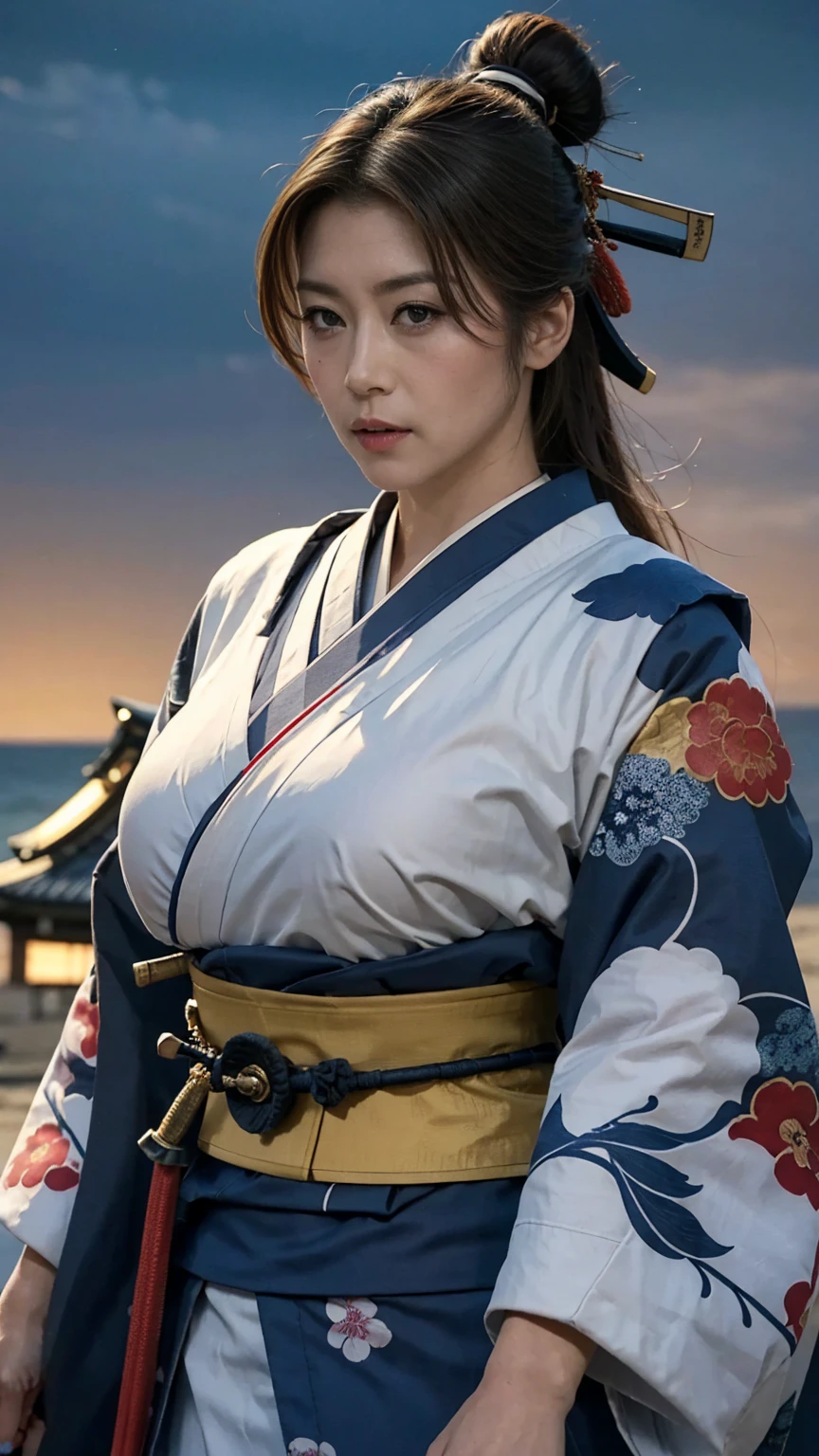  high res, masterpiece,  anatomically accurate,  Ultra Fine,  Textured Skin, woman、 big breasts、 PERFECT STYLE 、Maid、Swordsman、 Japanese Castle Towns、 in the middle of the night、 Astonishing Eye、 muscular、solo,  slender body at the excited beach、(((Breasted Samurai Kimono))),4K、Artistic, Cinematography,  Dark Night City 、Centred top knot、