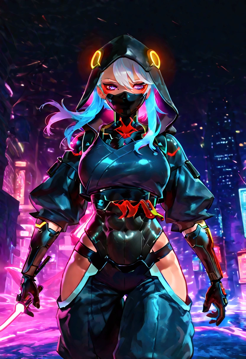 Female cyberpunk ninja, cobra hood, wearing ninja clothes, cyberpunk, sexy, well-toned abs, tsunami in the background