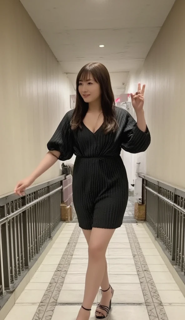 Wearing a dress, I'm going down the stairs one step at a time while commuting、 The woman has big breasts and a glamorous body 、The target woman is photographed from below 