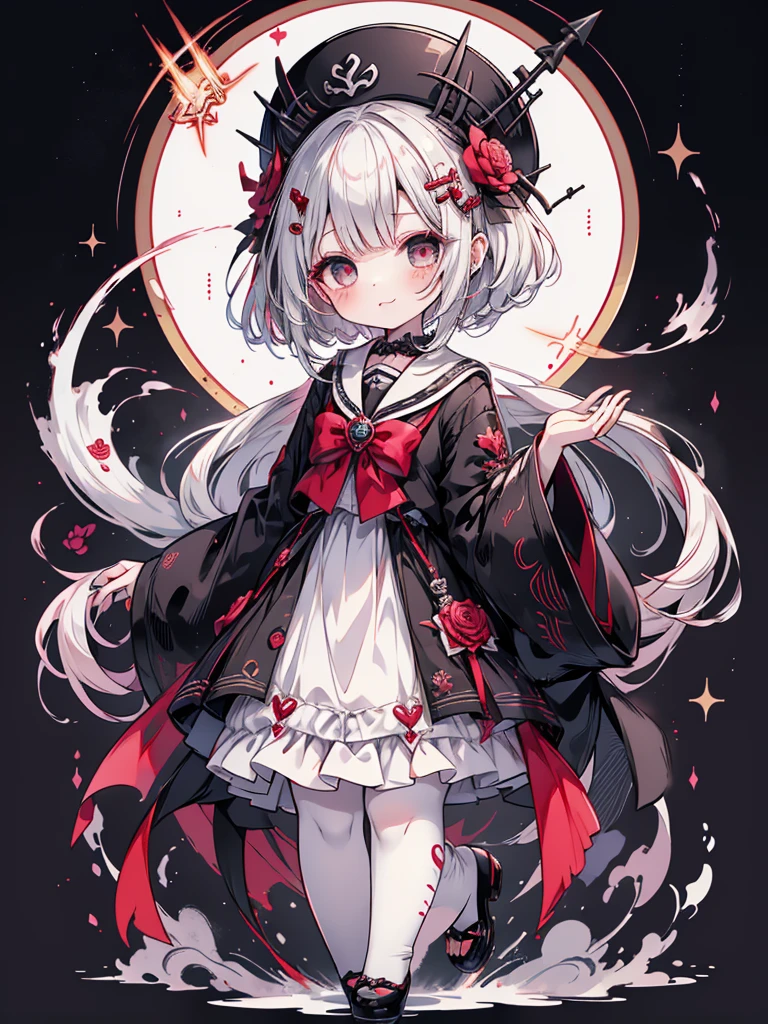 1gir\(Chibi、 cute、 cute死神、 milky white to rose gradation hair color、Hairstyle with bangs raised up 、 big eyes、 white skin、 best smile 、White eyelashes、 full body、 black sailor suit 、（Holding a scythe：1.3）\、)