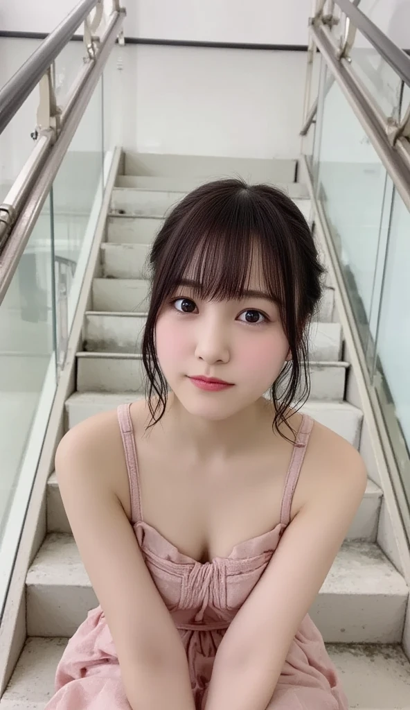 Wearing a dress, I'm going down the stairs one step at a time while commuting、 The woman has big breasts and a glamorous body 、The target woman is photographed from below 