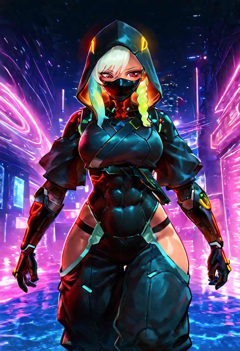 Female cyberpunk ninja, cobra hood, wearing ninja clothes, cyberpunk, sexy, well-toned abs, tsunami in the background approaching the foreground