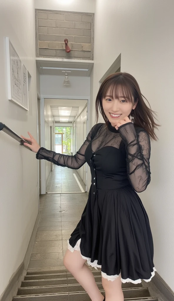 Wearing a dress, I'm going down the stairs one step at a time while commuting、The woman has big breasts and a slender body、The target woman is photographed from below 