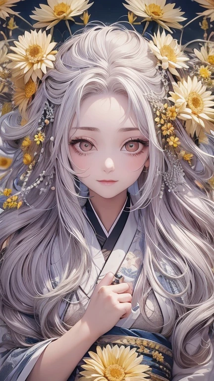  long silvery hair ,  hair is sharp like a needle , with hair partially standing on end, eyes are large and slender ,Eyes are golden,The pupils are long and thin ,  white skin like snow  , smiling mouth,All teeth are sharp  ,  gorgeous black Japanese kimono ,Chrysanthemum pattern , yellow chrysanthemum flowers , red chrysanthemum flowers ,White Chrysanthemum,The background is a giant, boned snake,Inside the temple,