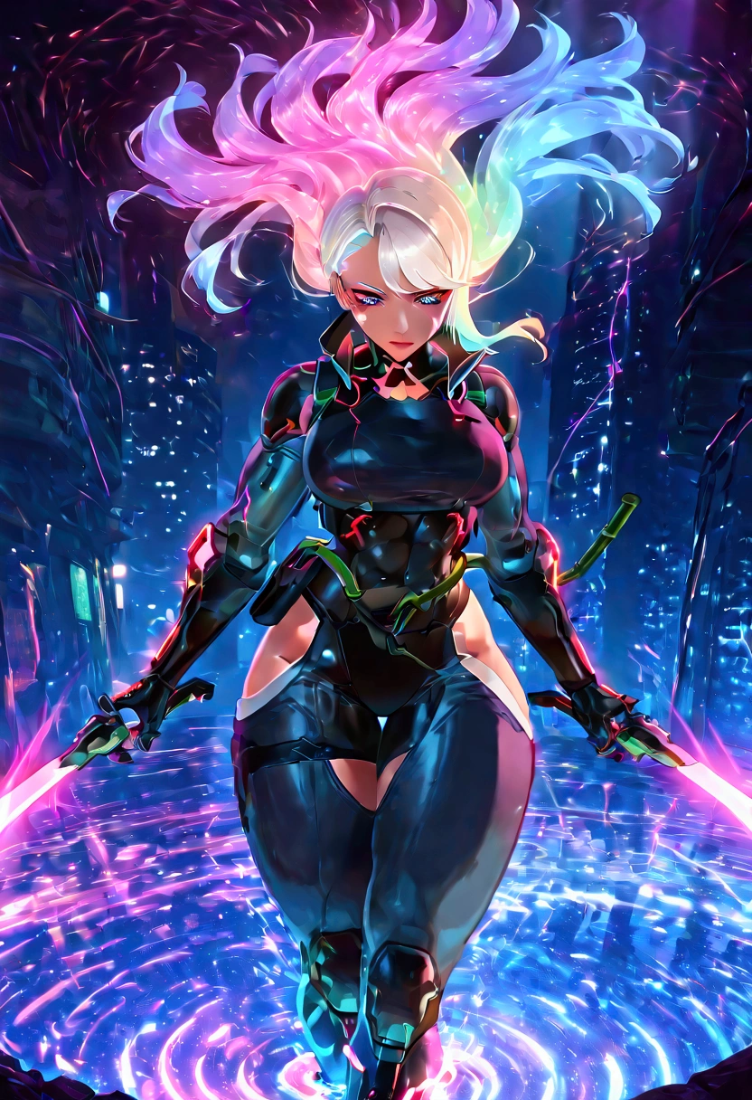 Female cyberpunk ninja, wearing ninja clothes, cyberpunk, sexy, well-toned abs, large wave background approaching the foreground, destructive