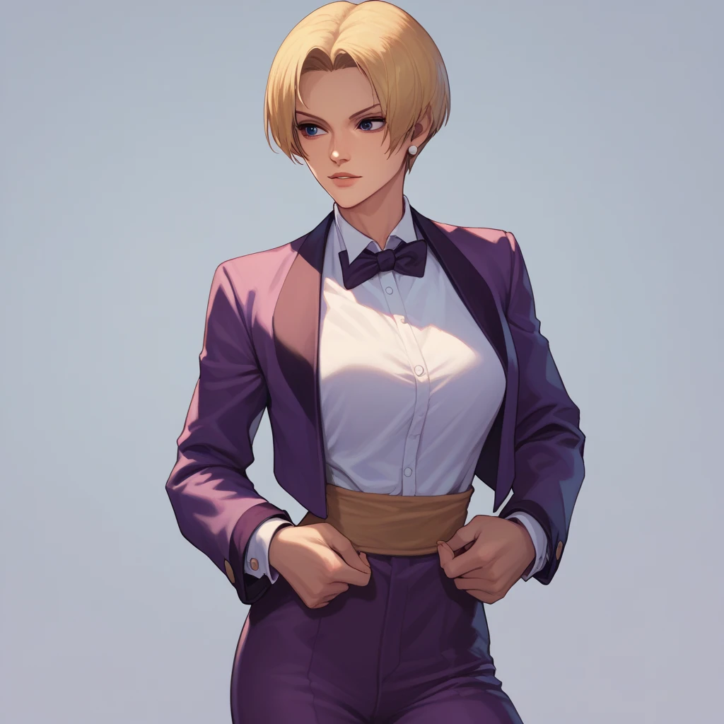 KOFKing, short blonde hair, large breasts, bowtie, purple jacket, purple pants, getting naked