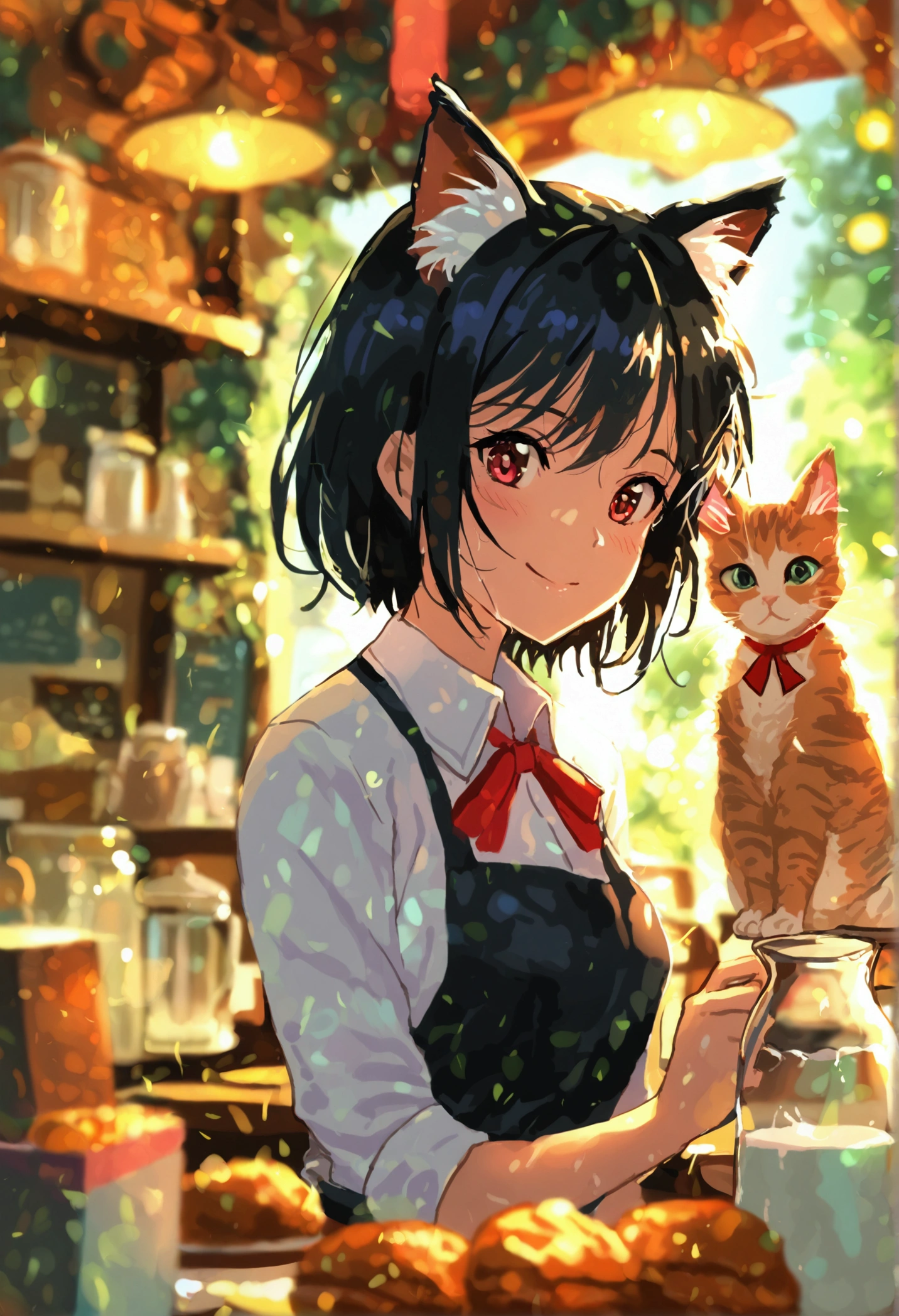 masterpiece, best quality, ultra detailed, kawaii anime, A cheerful girl with cat ears working as a waitress in a bustling café. She accidentally spills a tray of milk on a customer's head while chasing a mischievous kitten