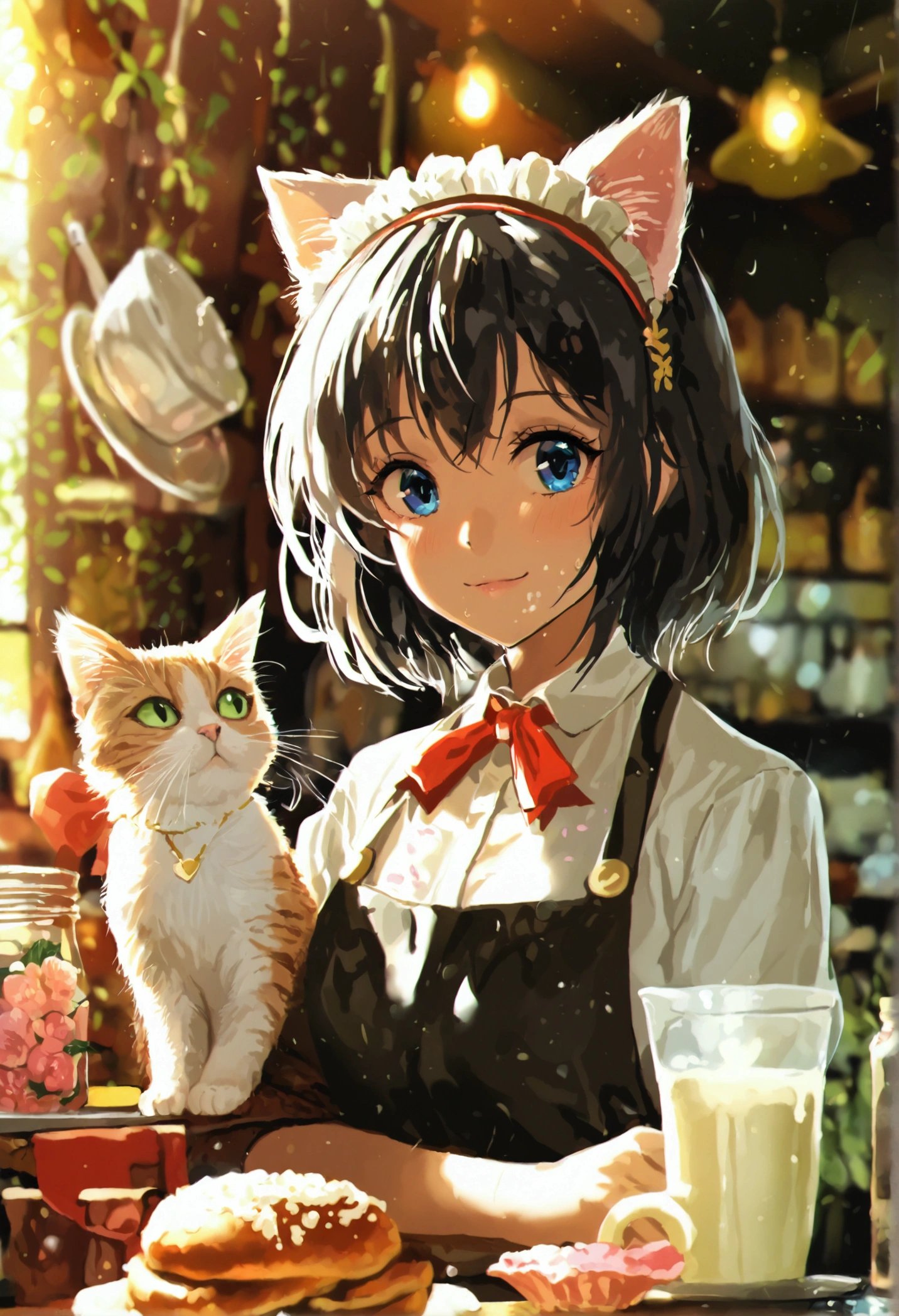 masterpiece, best quality, ultra detailed, kawaii anime, A cheerful girl with cat ears working as a waitress in a bustling café. She accidentally spills a tray of milk on a customer's head while chasing a mischievous kitten